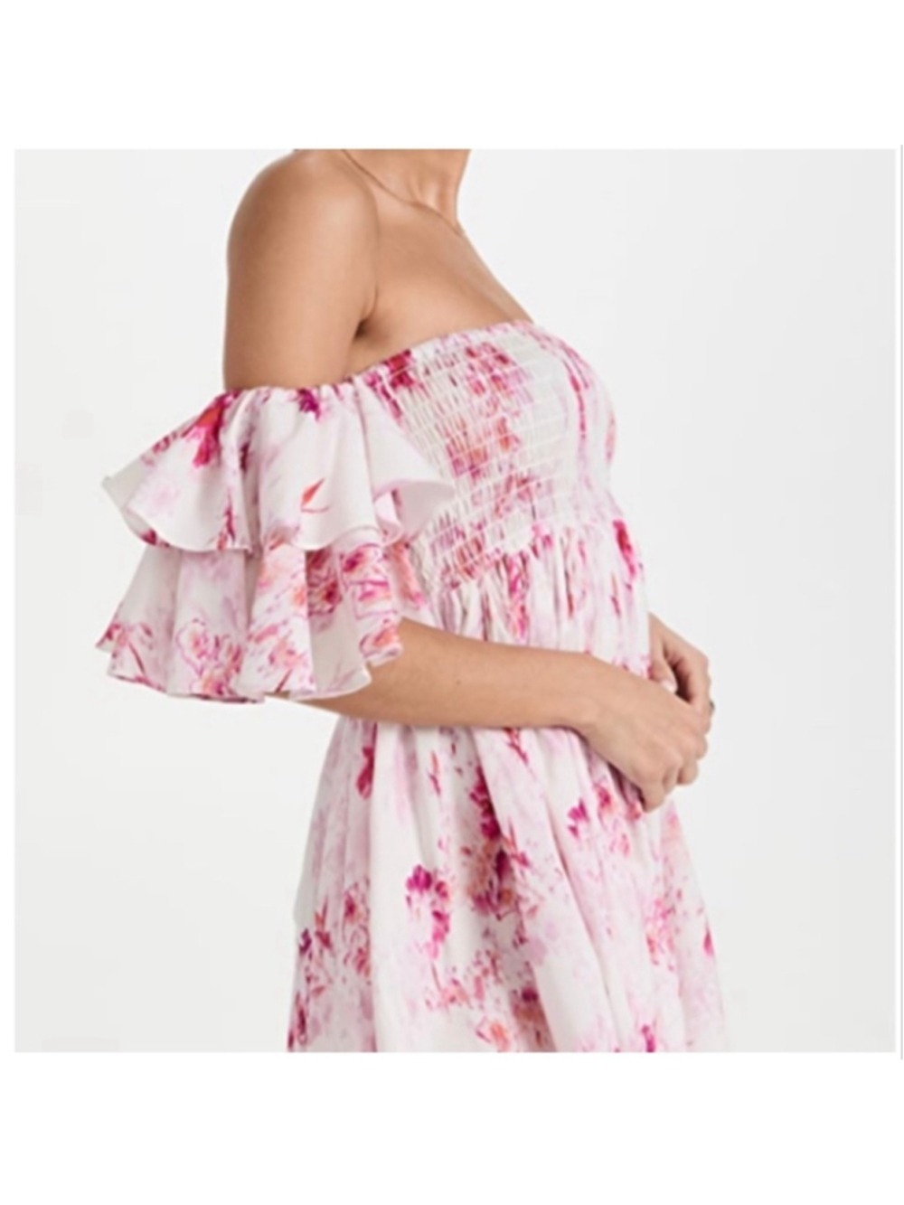 MISA Los Angeles Dina Shirred Ruffle Mini Dress Abstract Rose Floral Size S